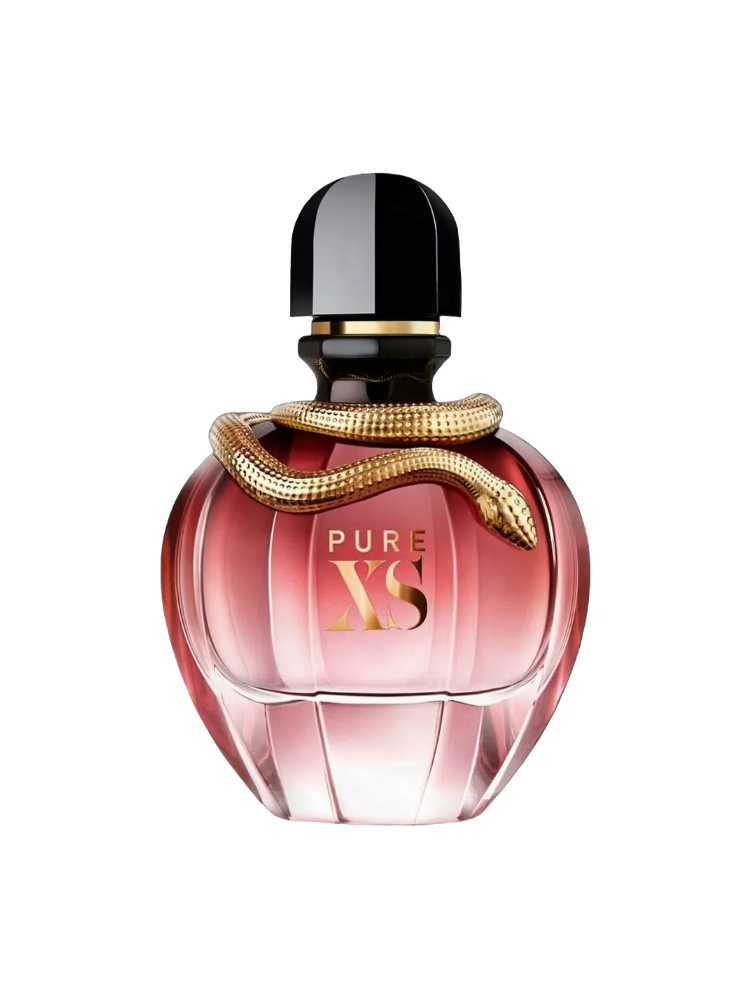 Perfume bottle labeled 'PURE XS' with a gold snake design on a black background