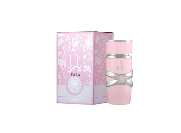 Pink Yara perfume bottle and packaging on a white background