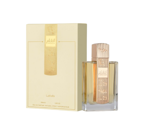 Lattafa perfume bottle and packaging on a white background