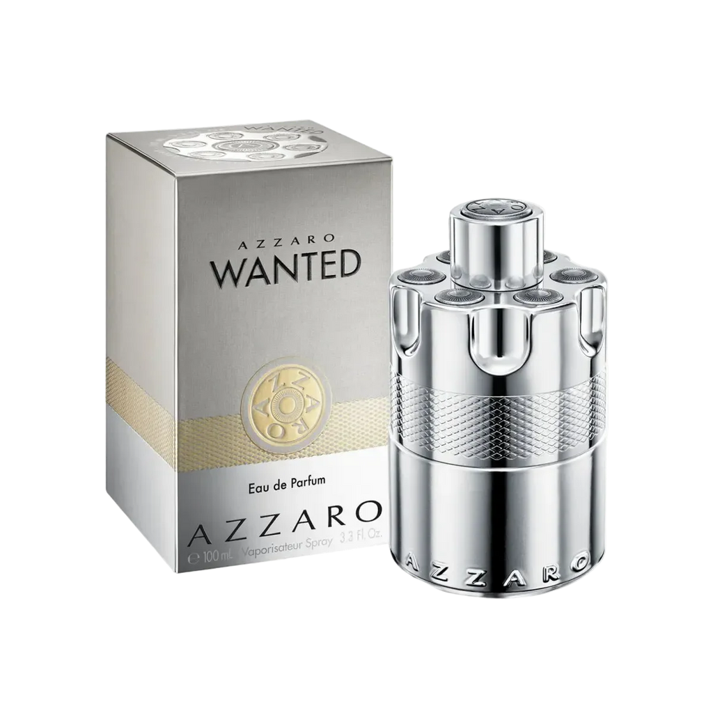 Azzaro Wanted perfume bottle and packaging on a white background