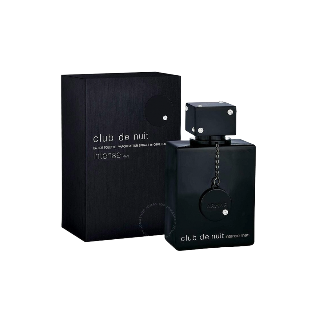 Black 'club de nuit intense' perfume bottle and packaging on a white background