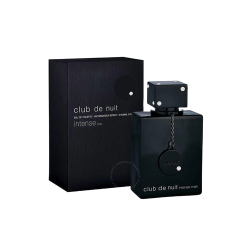 Black 'club de nuit intense' perfume bottle and packaging on a white background