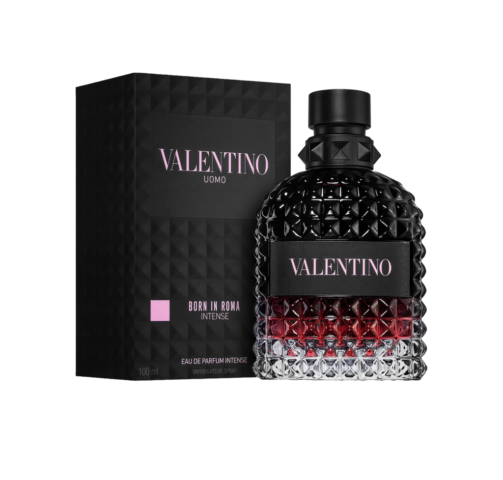 Valentino Uomo Born in Roma Intense perfume bottle and packaging on a white background