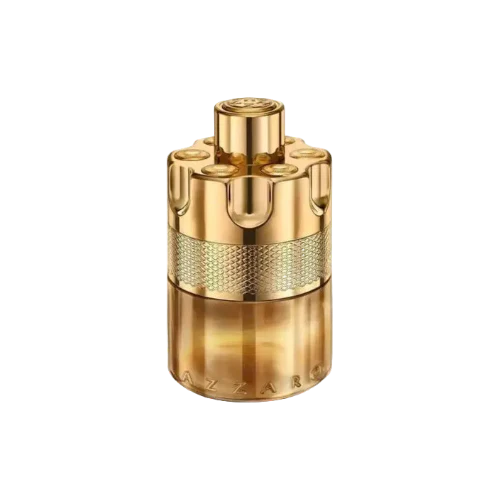Gold Azzaro perfume bottle on a white background