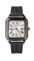 Cartier watch with black strap and silver case on a white background