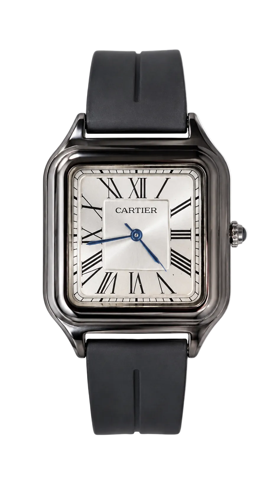 Cartier watch with black strap and silver case on a white background