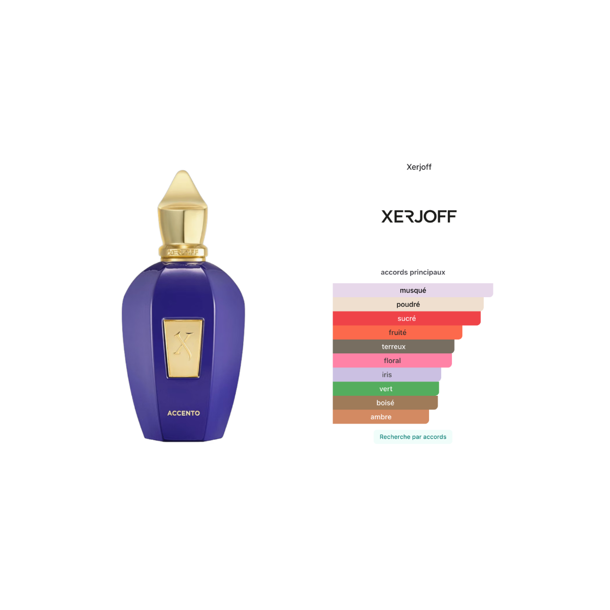 Xerjoff Accento perfume bottle with color swatches on a white background