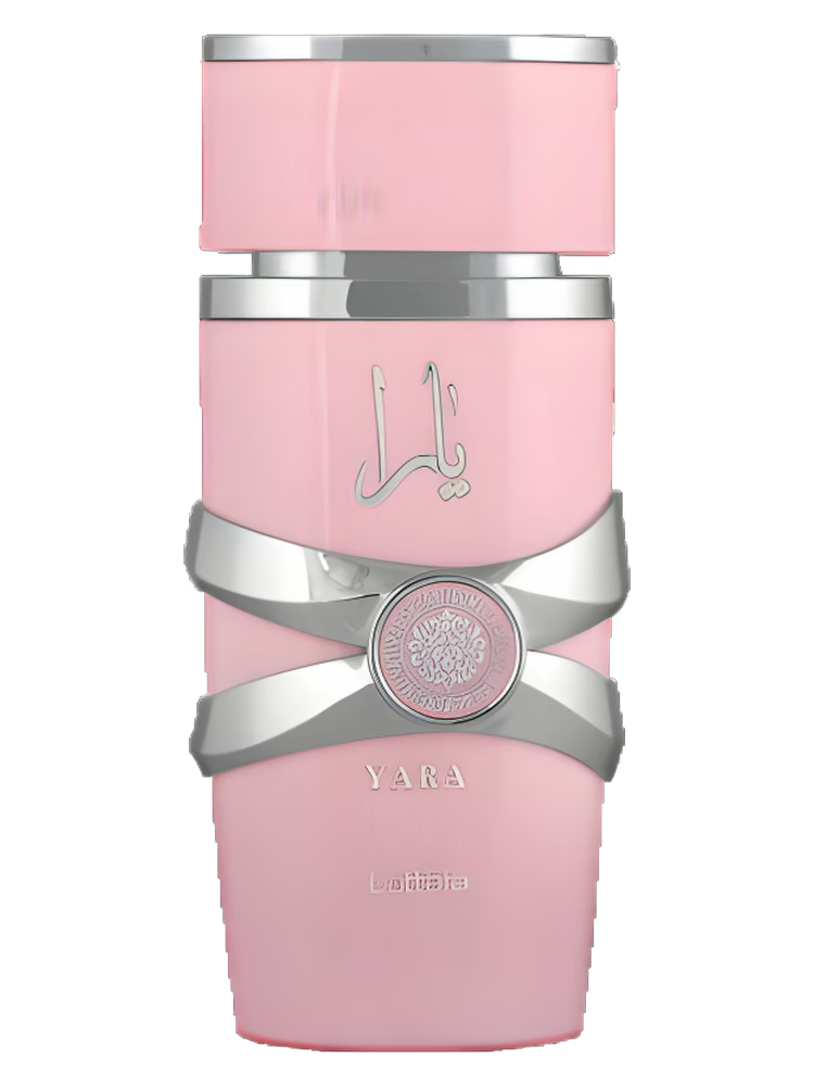 Pink and silver bottle with 'Yara' branding on a white background