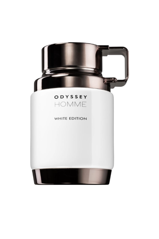 White container with silver lid and handle labeled 'Odyssey Homme White Edition' on a white background
