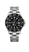 Rolex watch with black dial and silver bracelet on a white background