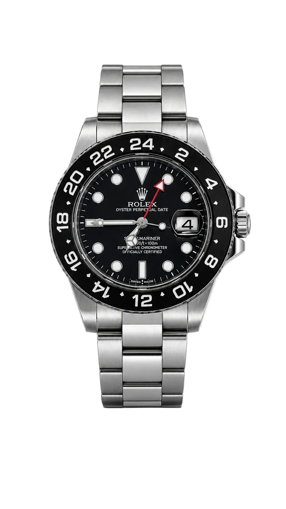 Rolex watch with black dial and silver bracelet on a white background