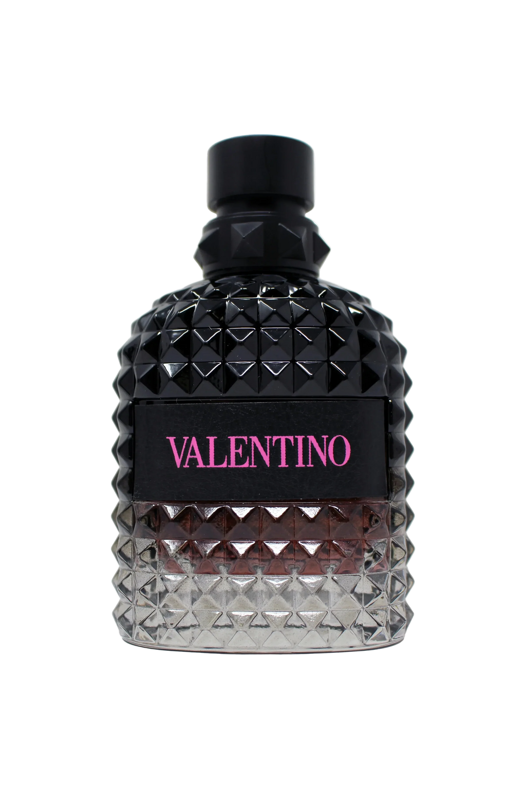Valentino perfume bottle with black and silver design on a white background