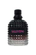 Valentino perfume bottle with black and silver design on a white background