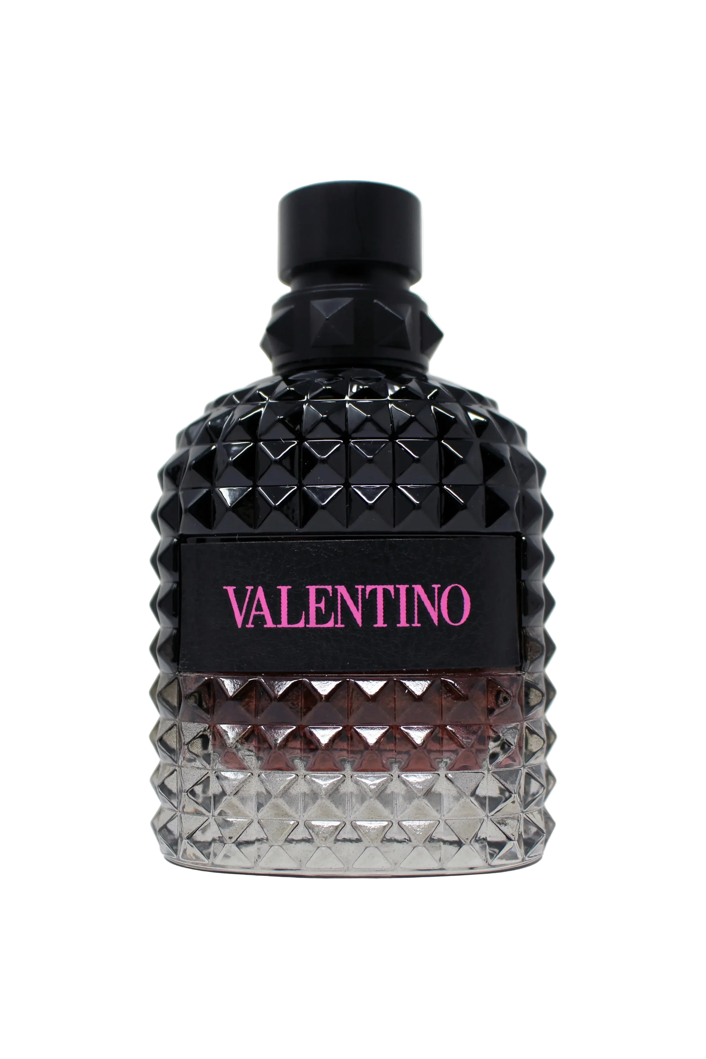 Valentino perfume bottle with black and silver design on a white background